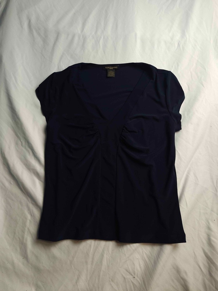 Susan Lawrence Top Size Petite PL Blue V-Neck Short Sleeve Ruched Boho Stretch