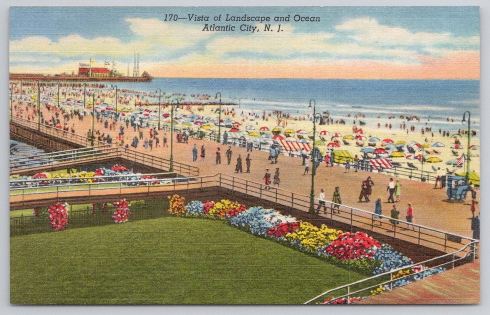 Atlantic City NJ Boardwalk Beach Ocean Pier Vintage Linen Postcard 1930s