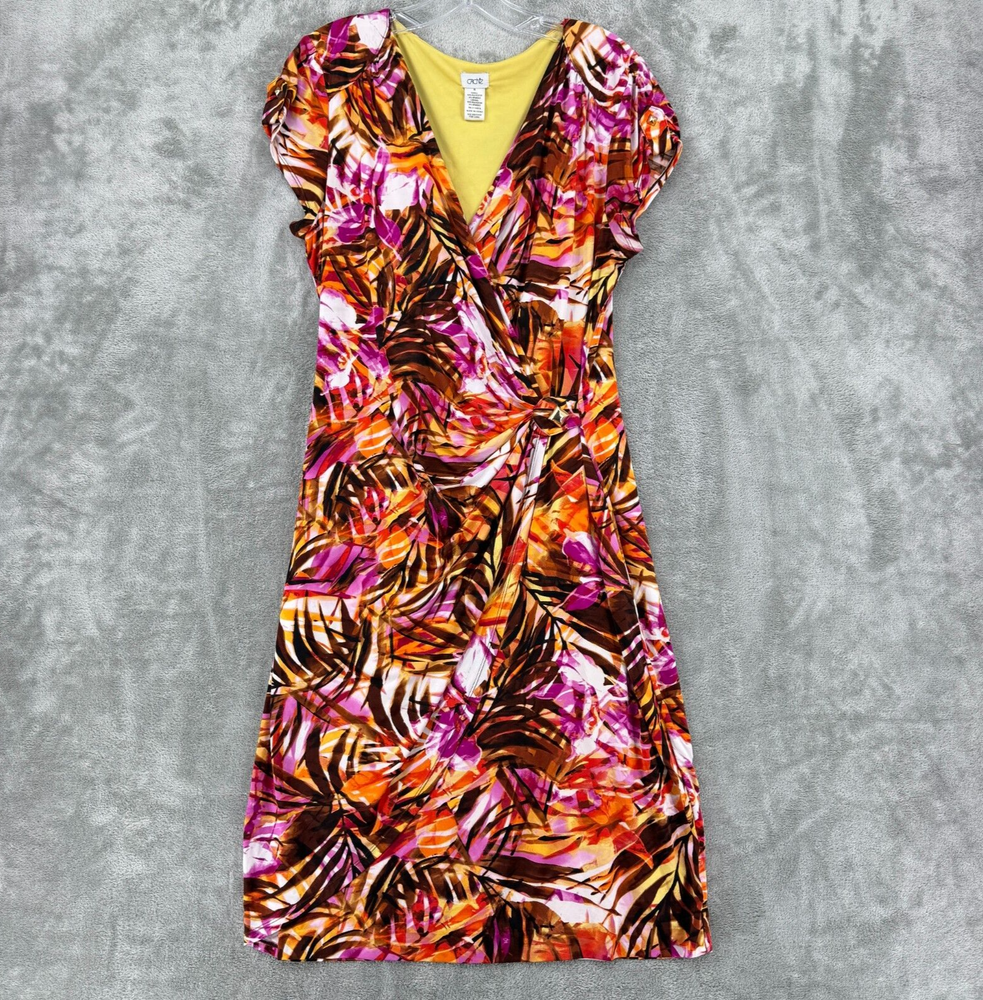 Vintage Cache Dress XL Tropical Palm Abstract Career Stretch Knit Pink Orange-image