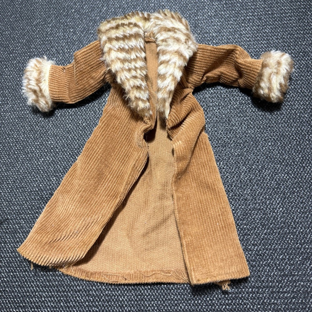Vintage Barbie Brown Corduroy Winter Coat With Striped Faux Fur Collar