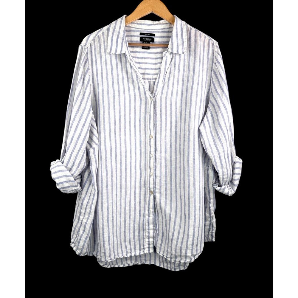 Jones New York Button Down Shirt sz 2X Blue White Striped 100% Linen Top