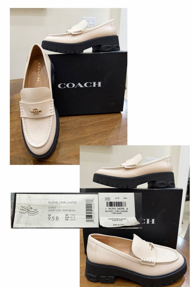 Coach Leather Loafer Flats Chalk Women's Slip On Logo Accent Size 9.5B