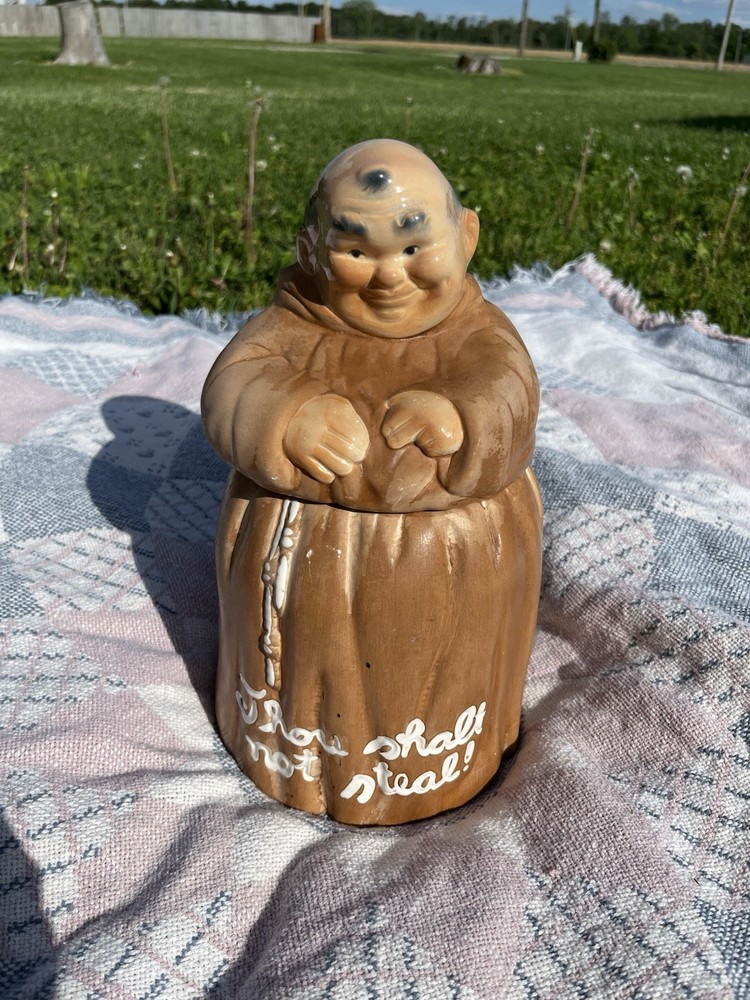 Twin Winton Monk Cookie Jar Thou Shalt Not Steal 1960 Vintage Ceramic With Lid