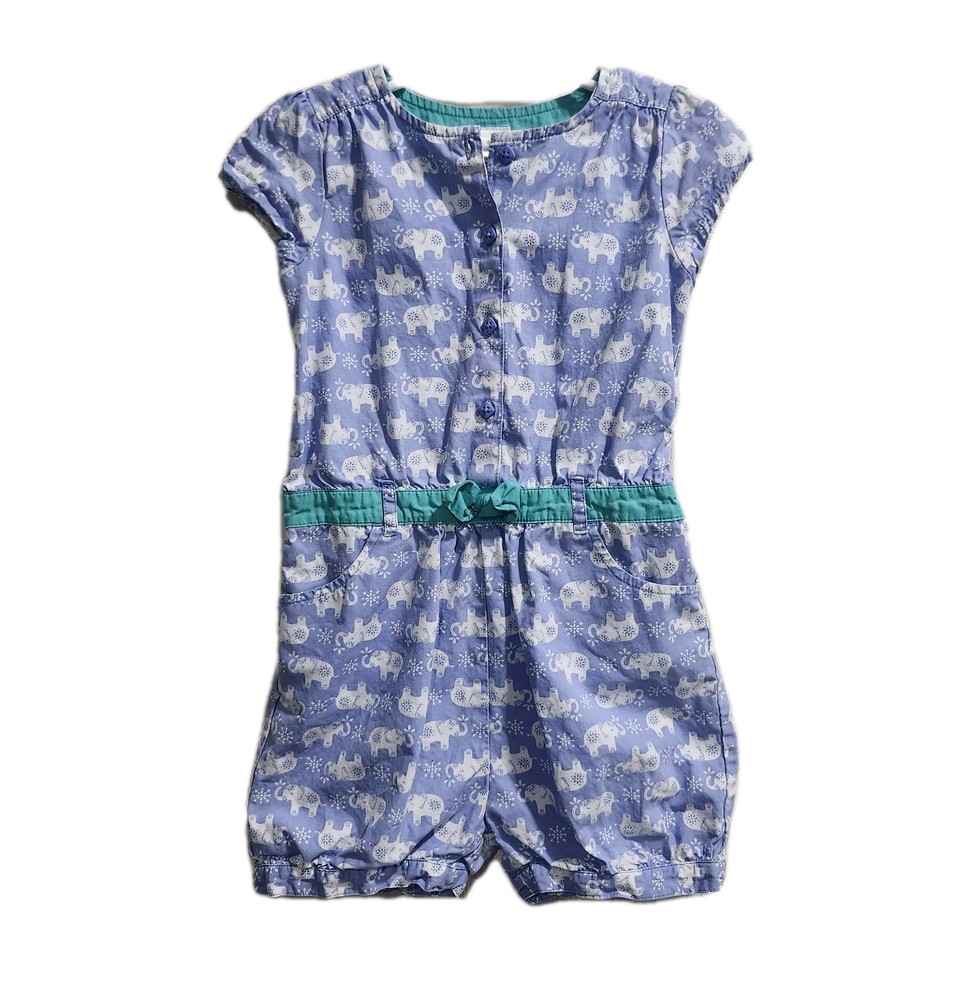 Gymboree Girls Romper 5T Purple Elephant Print 100% Cotton Teal Belt Pockets