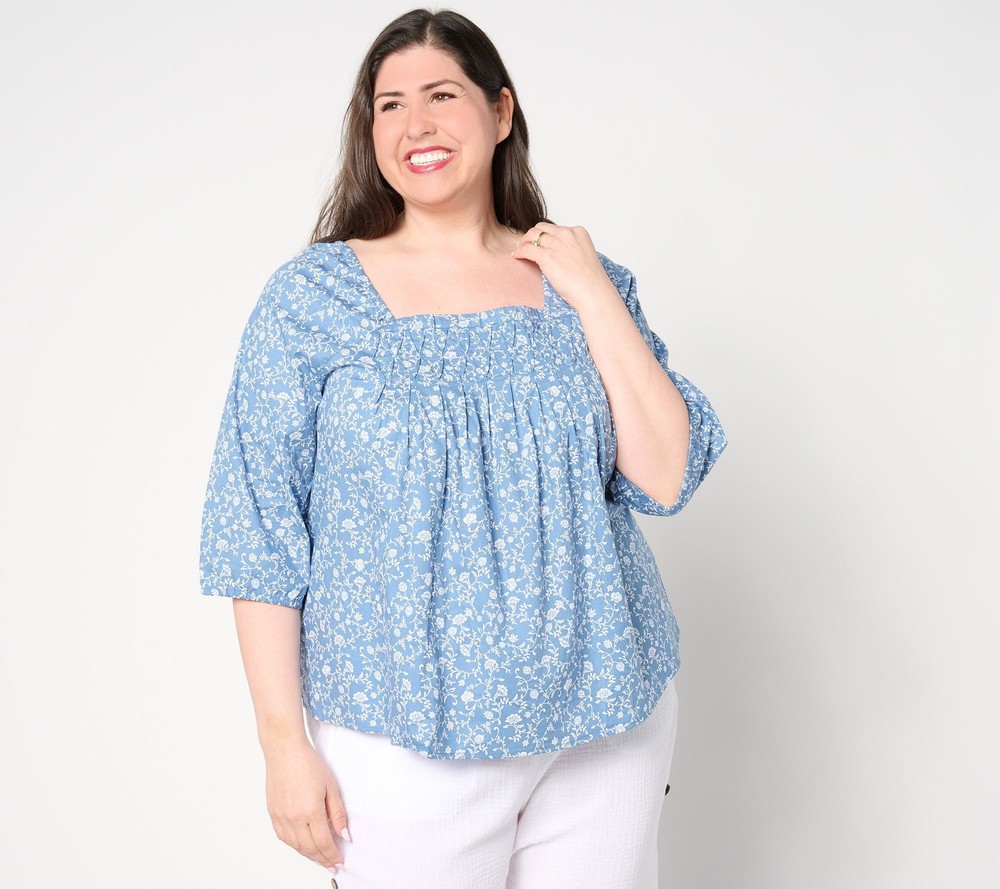 Gloria Vanderbilt Women's Top Sz S Denim & Co. Printed Square Neck Blue A647747