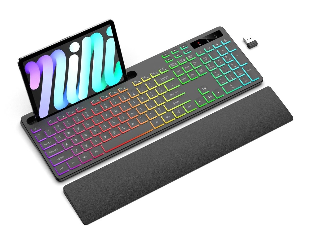 Wireless Keyboard with 7 Colors & 4 Modes RGB Backlit, Ergonomic Keyboard wit...