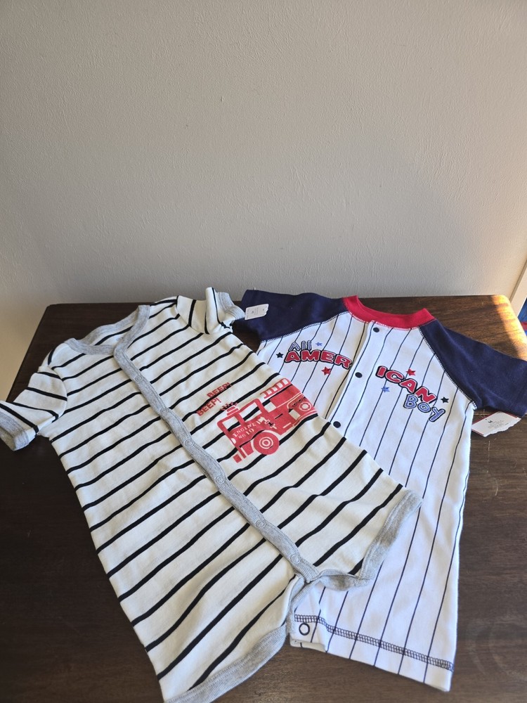 Set Of 2 NWT Carter's Boys Lightweight 100% Cotton 12m Rompers Truck/Baseball