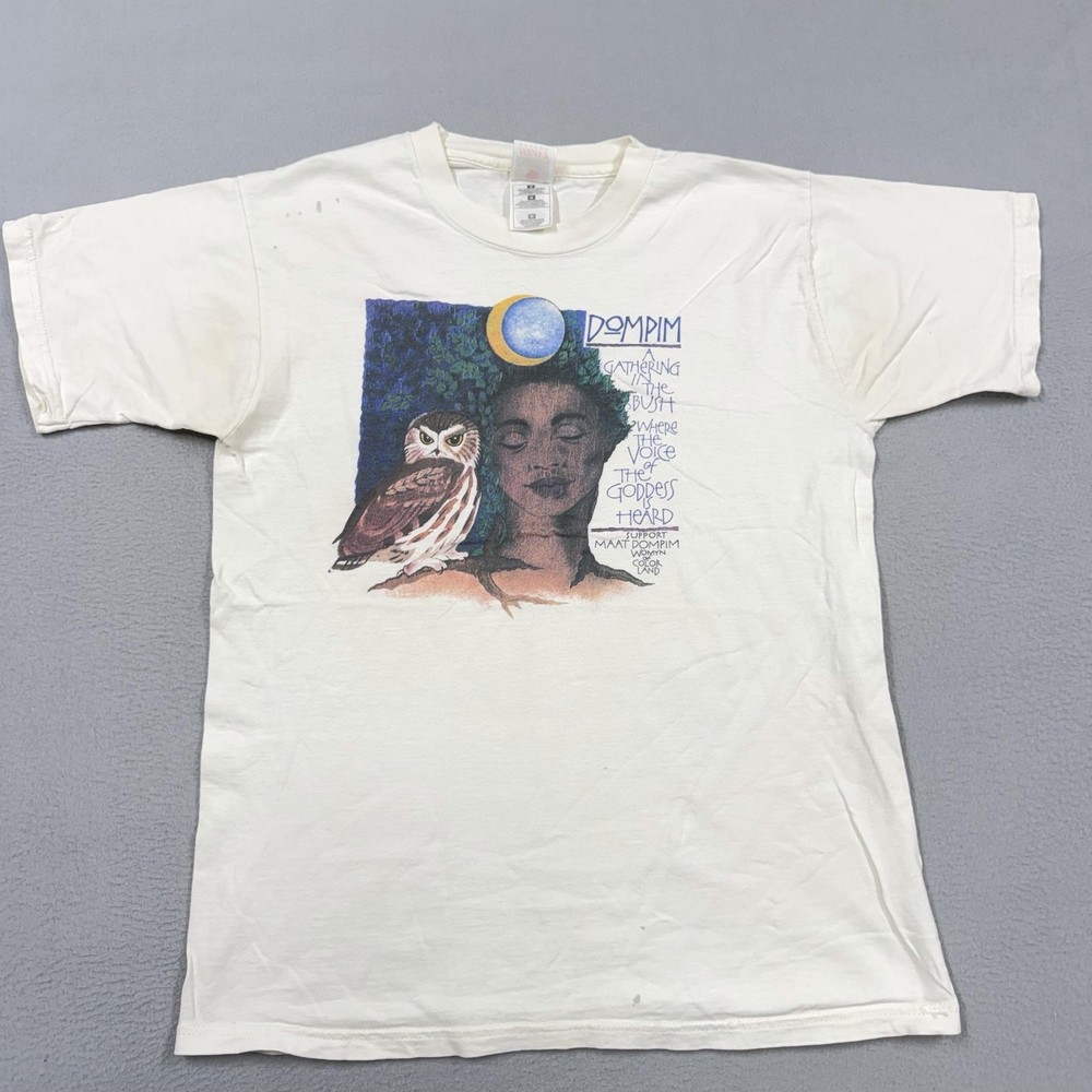 Vintage Fruit Of The Loom Shirt Mens Medium White Owl Goddess Moon Graphic 90s