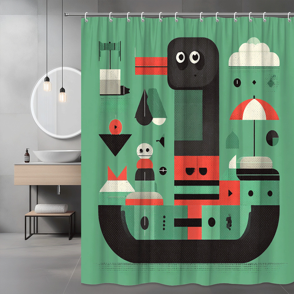 Abstract Graphic Shower Curtain Green Black Red Modern Art-image