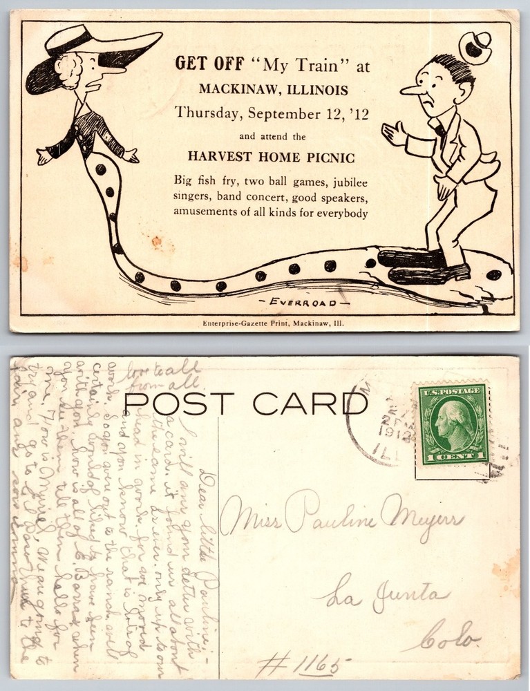 1912 Mackinaw Illinois Harvest Home Picnic Cartoon Postcard Posted