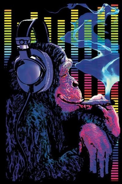 Funky Monkey Smoking Joint Music Headphones Chimpanzee Fantasy Trippy Flocked UV