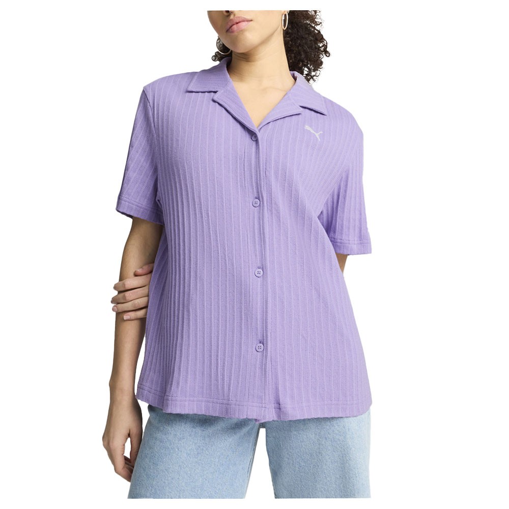 PUMA Wardrobe Essentials Pointelle Short Sleeve Button Up Shirt Womens Purple Ca