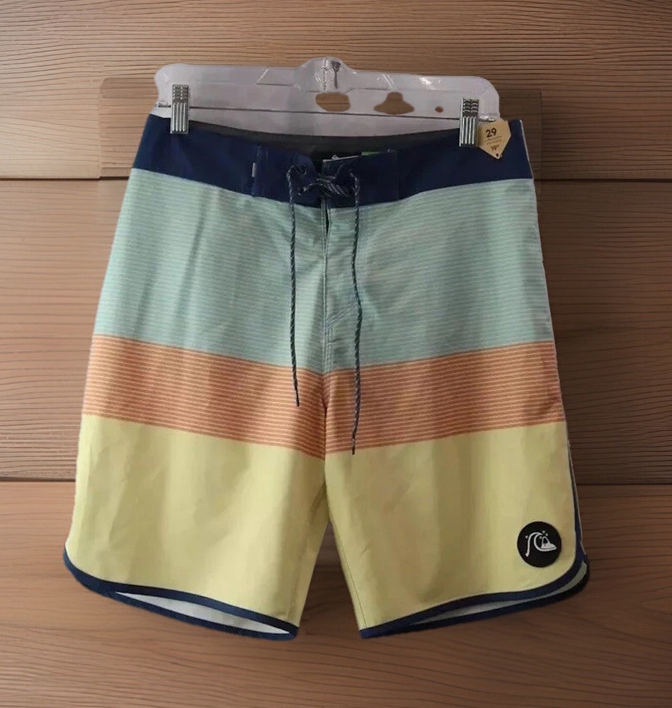 Quiksilver Men's Blue Yellow Orange Stripe Swim Trunks Size 29 NWT