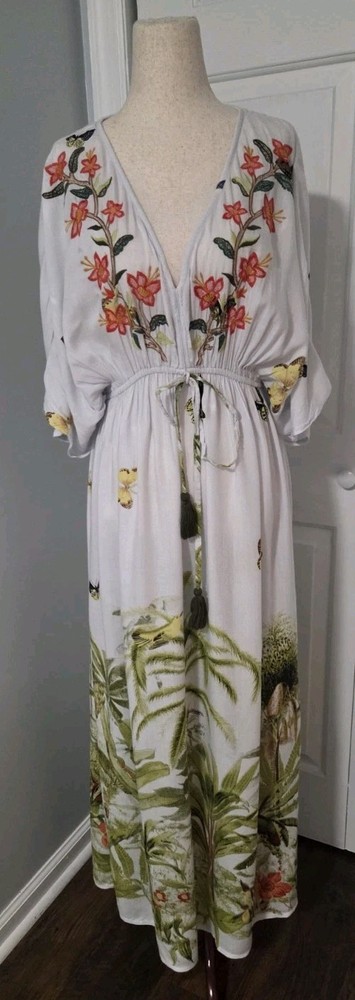 World Market L/XL Floral Embroidered Butterflies Kaftan Maxi Dress