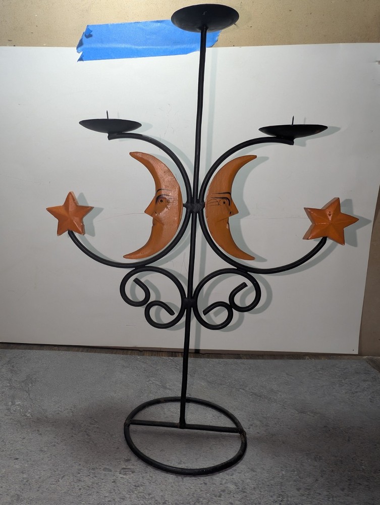Vintage 90s Whimsigoth Celestial Candelabra - Wrought Iron Moon & Star Candle...