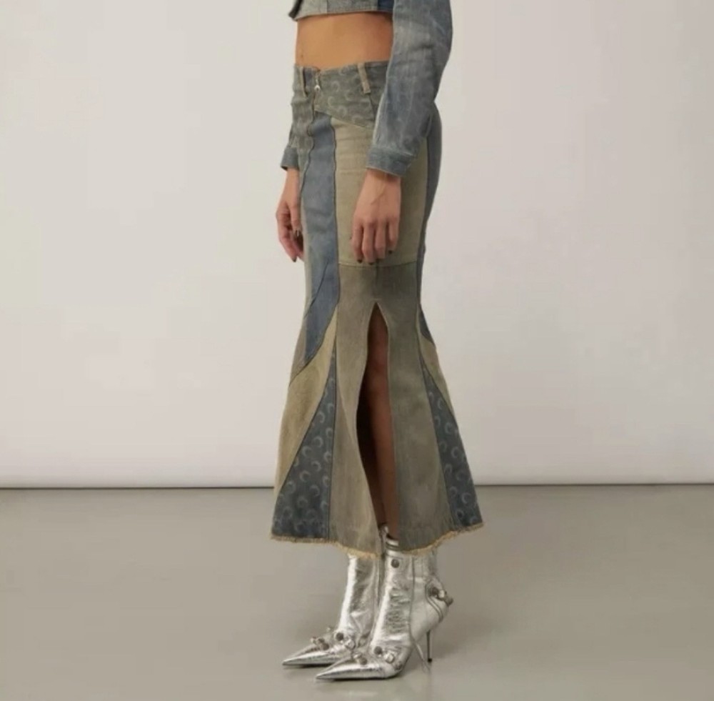 Marine Serre Regenerated Denim Crescent Moon Patchwork Fringe Long Skirt