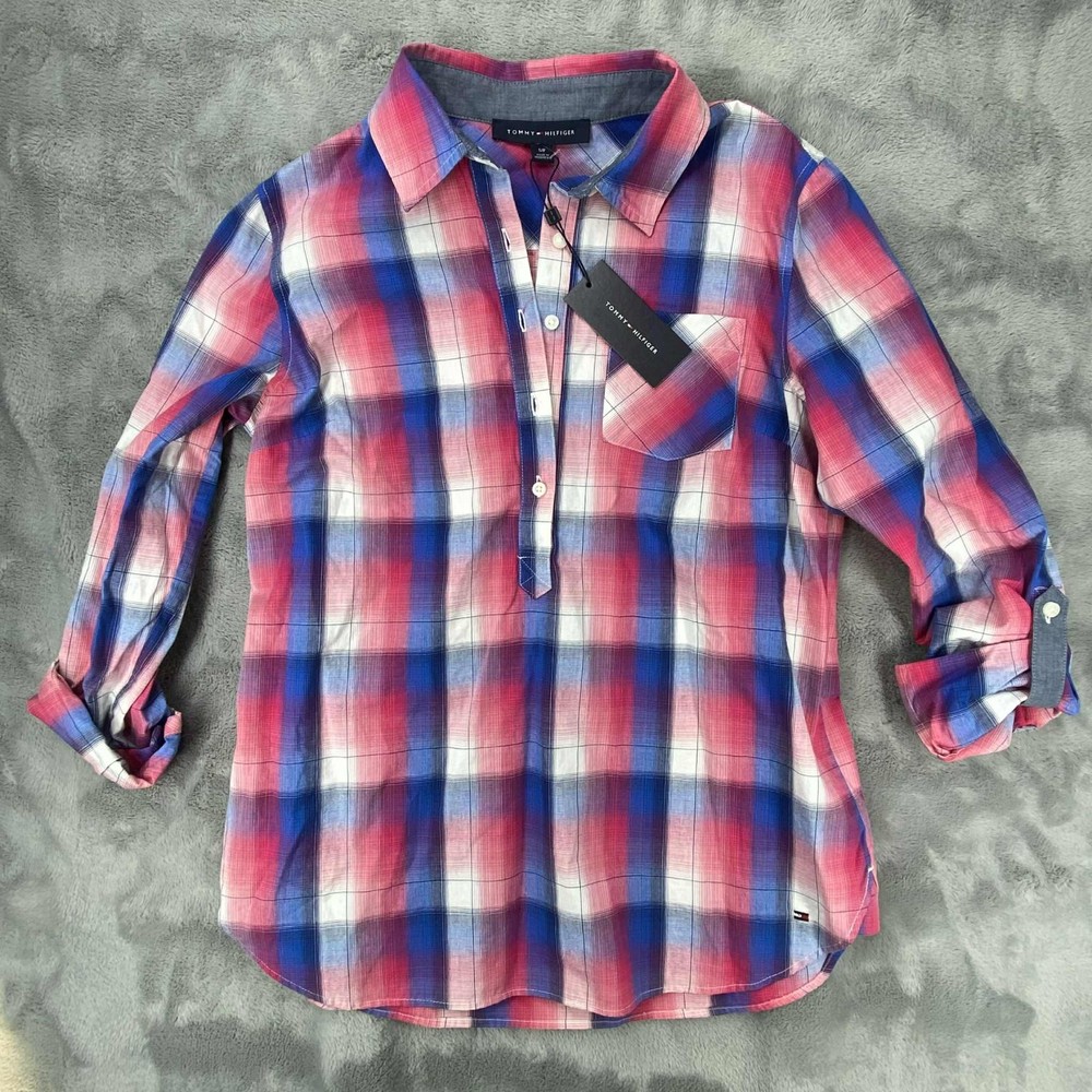 Tommy Hilfiger Womens Shirt Small Plaid Flannel 1/2 Button Roll Tab Sleeve NEW
