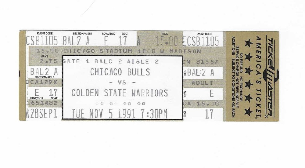 Chicago Bulls vs Golden State Warriors Unused Basketball Ticket From 11/5/1991