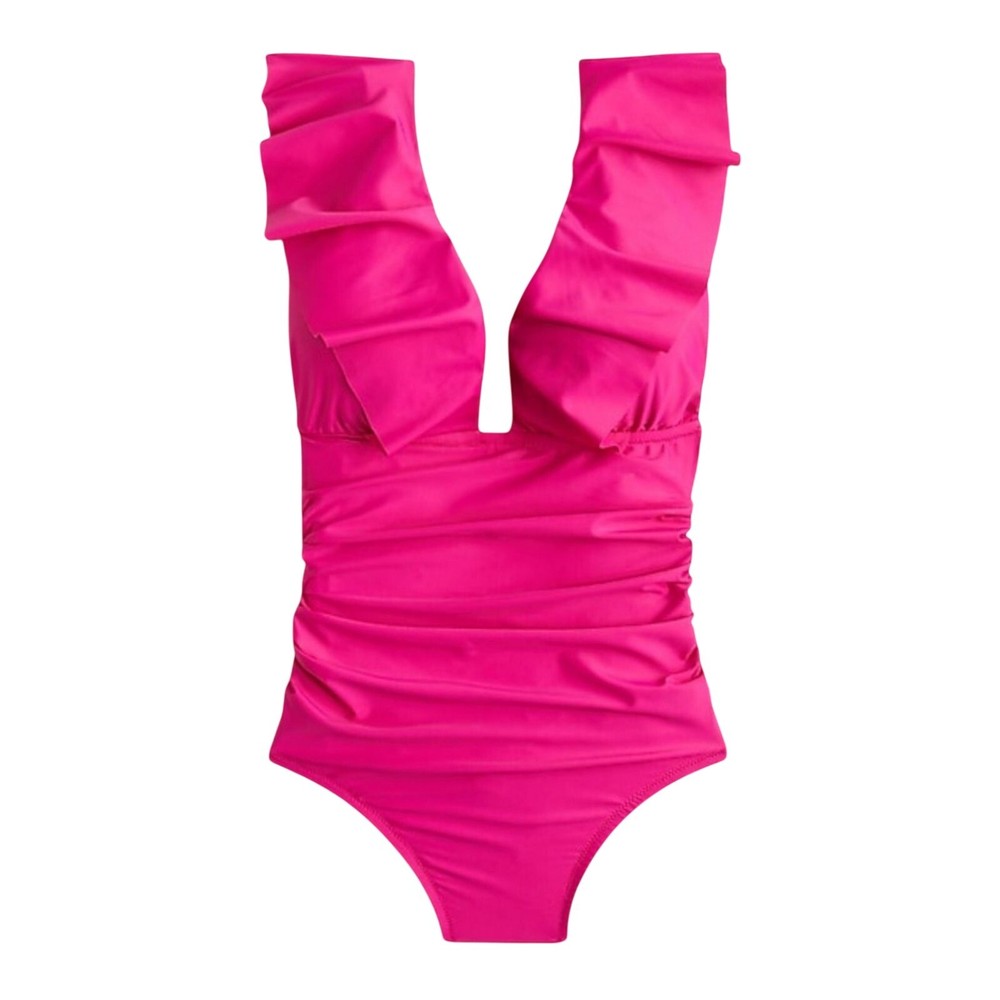 J. Crew Ruched Ruffle One Piece Swimsuit Size 2 Pink Deep V Neck NWT