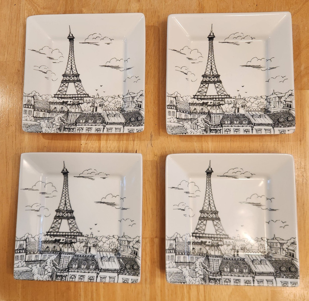 4 City Scenes Paris Black By 222 Fifth  Square Appetizer Plate 5 1/4