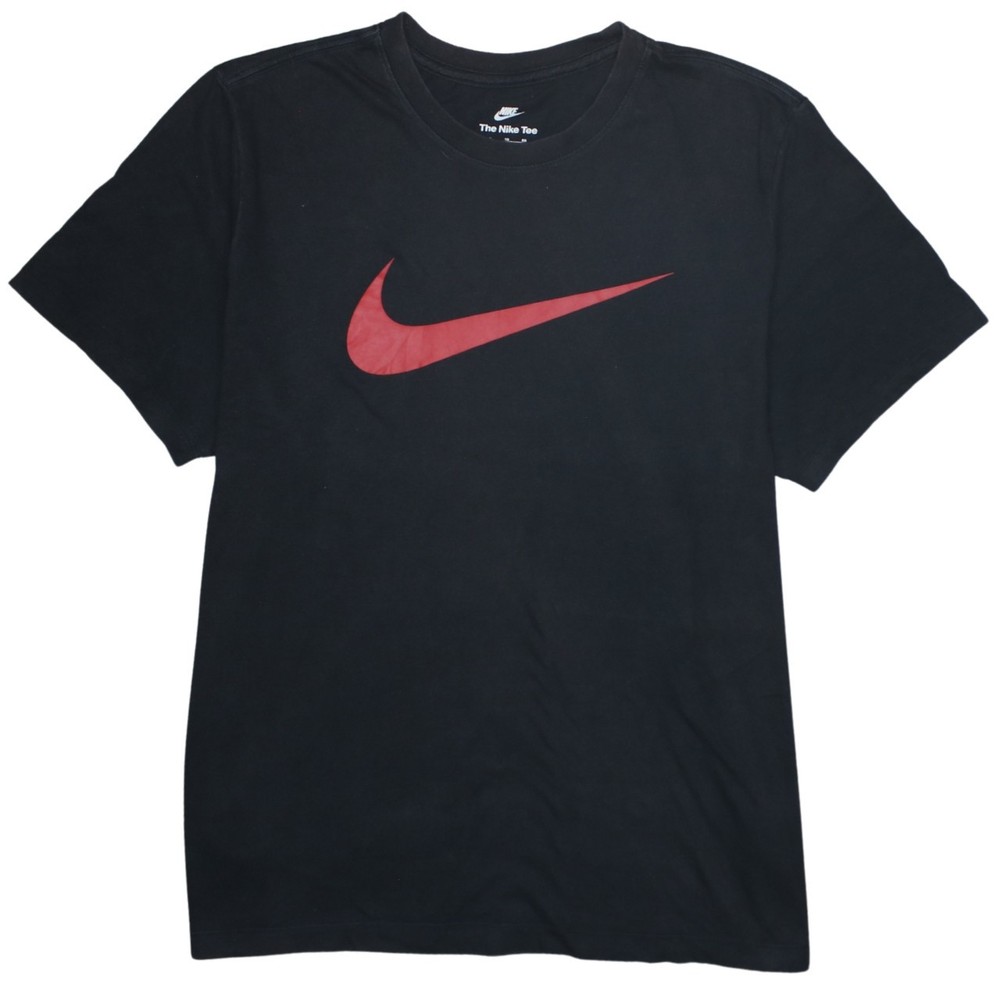 Nike Mens T Shirt Black Cotton Dri Fit Red Swoosh Graphic Print Logo XL