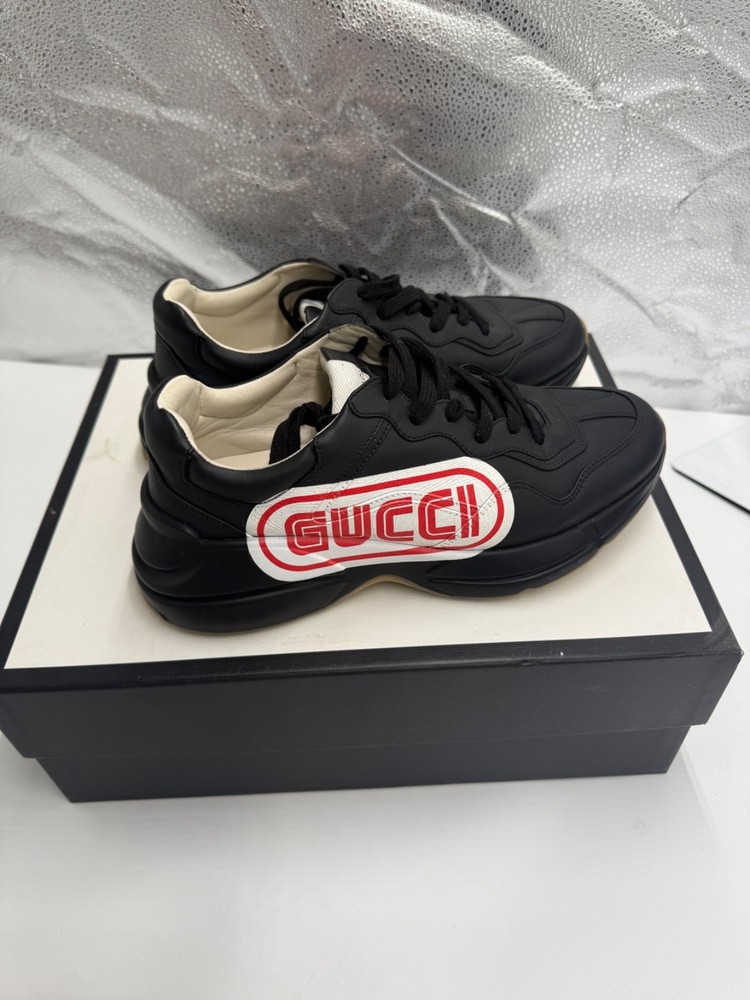 GUCCI Lighton Logo Leather Low Top Sneakers Shoes Black 6.5 with box