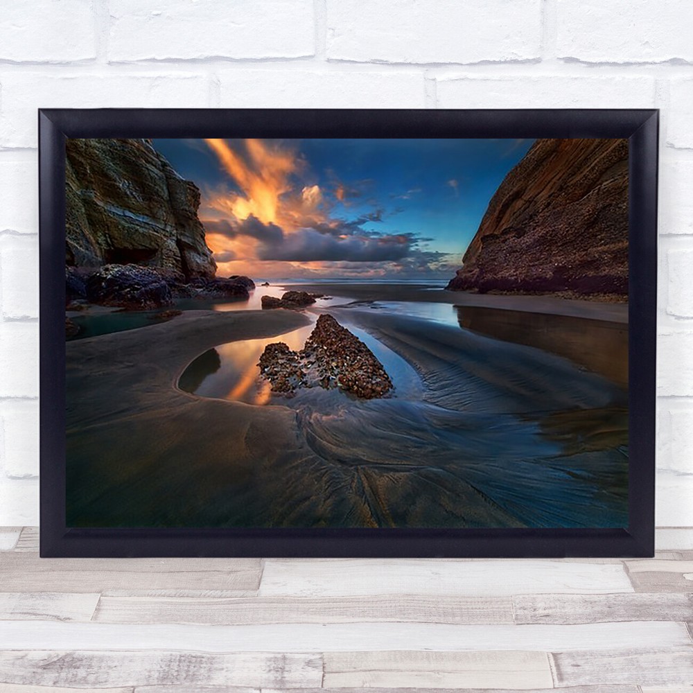Tide Receded Seascape Sunset Water Rock New Zealand Ocean Beach Wall Art Print