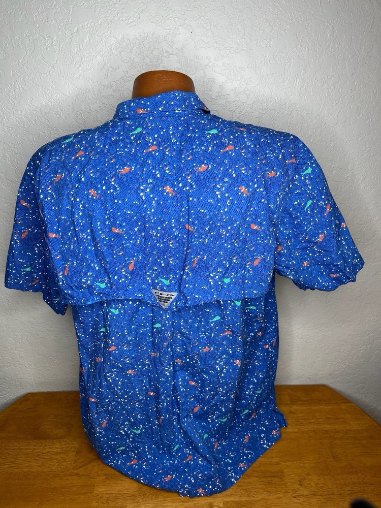 Men's Columbia PFG Fishing S/S Button Down Shirt Large L + Fish Paint Splat Poly