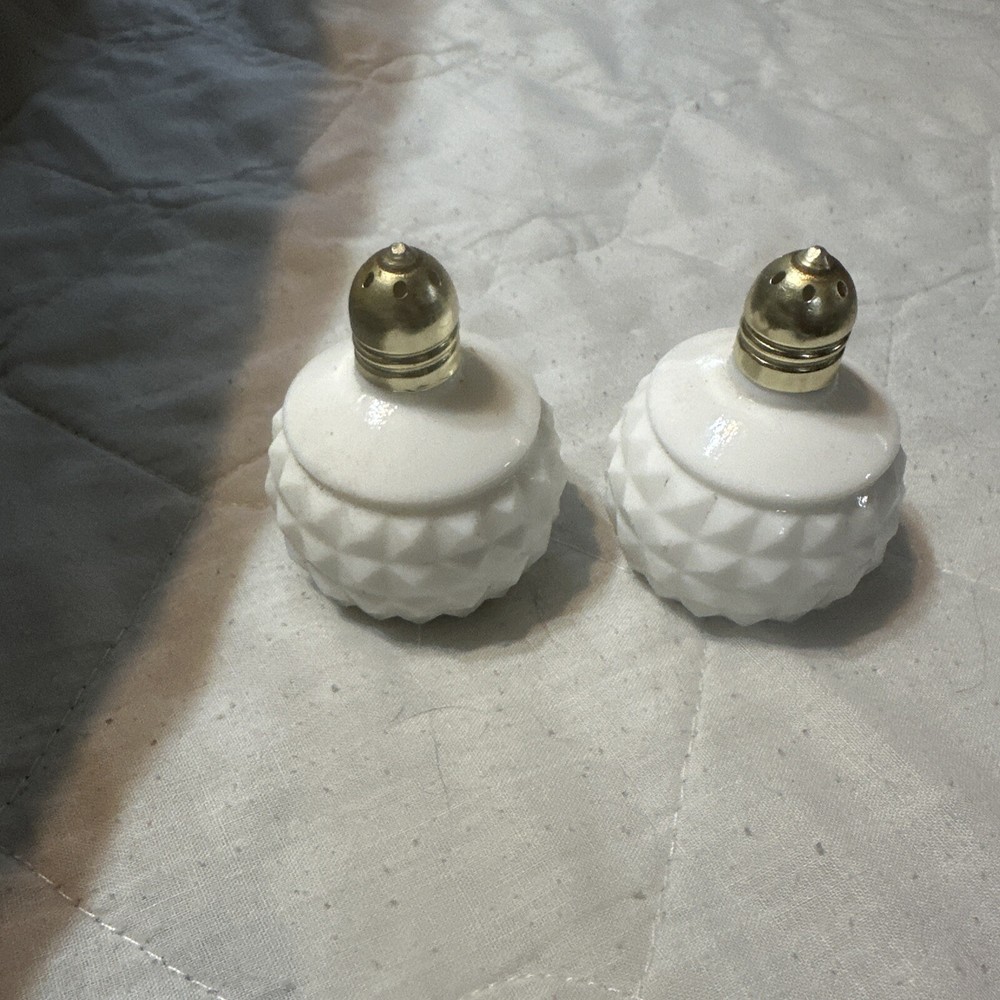 Vintage Japan White Milk Glass Diamond Cut Hobnob Salt And Pepper Shakers