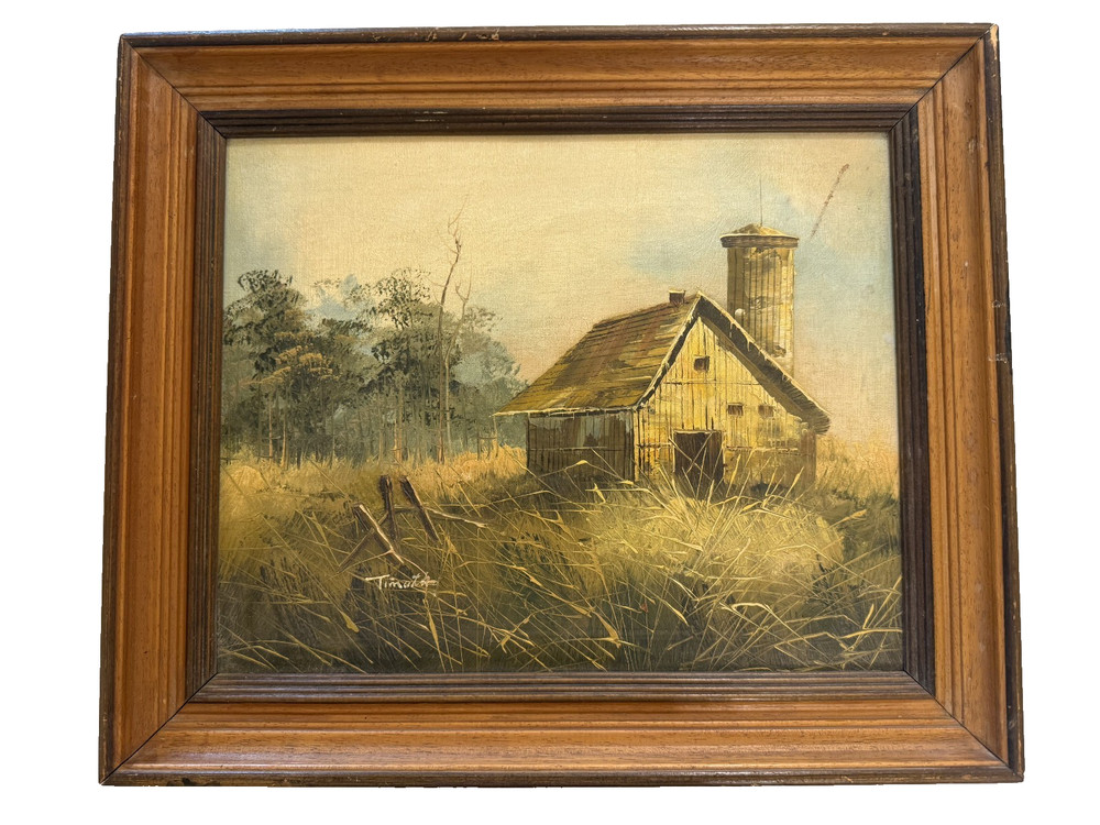 vintage original oil painting on canvas signed framed country barn.
