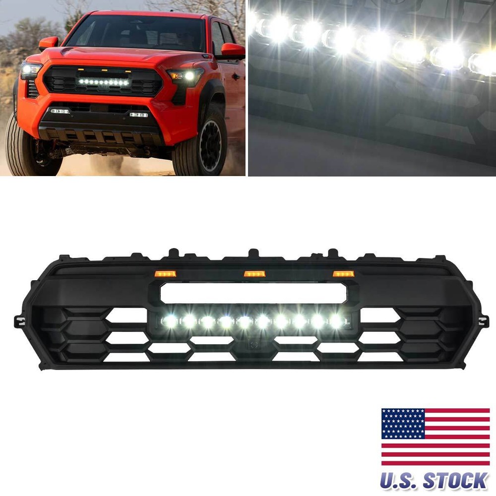 For Tacoma 2024-2025 Front Grille Grill with 3 Amber LED Lights + LED Light Bar
