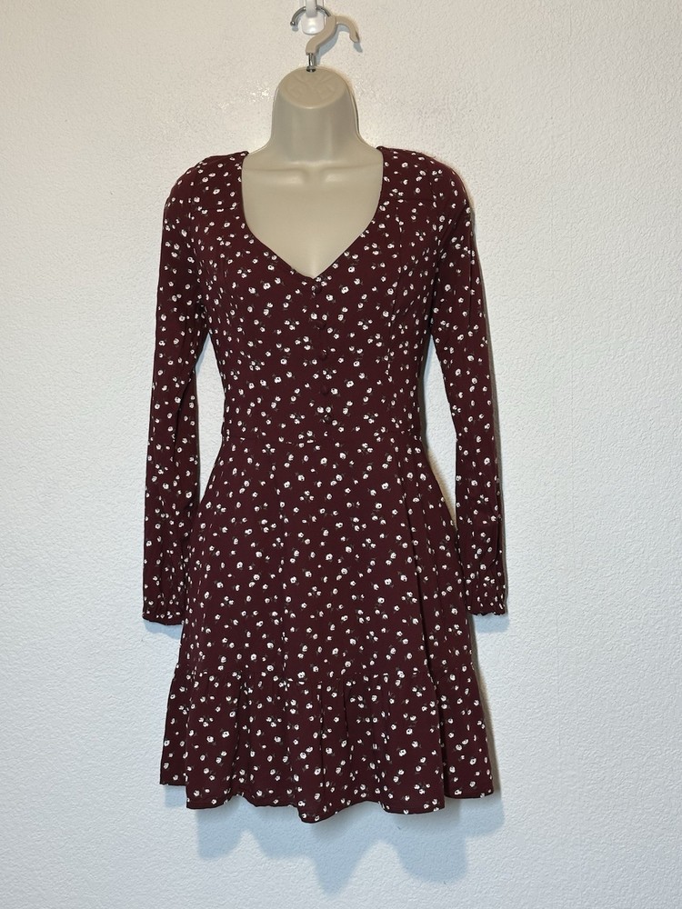 Y2K Hollister Long Sleeve Dress Maroon Floral Cottagecore Boho Coquette Large