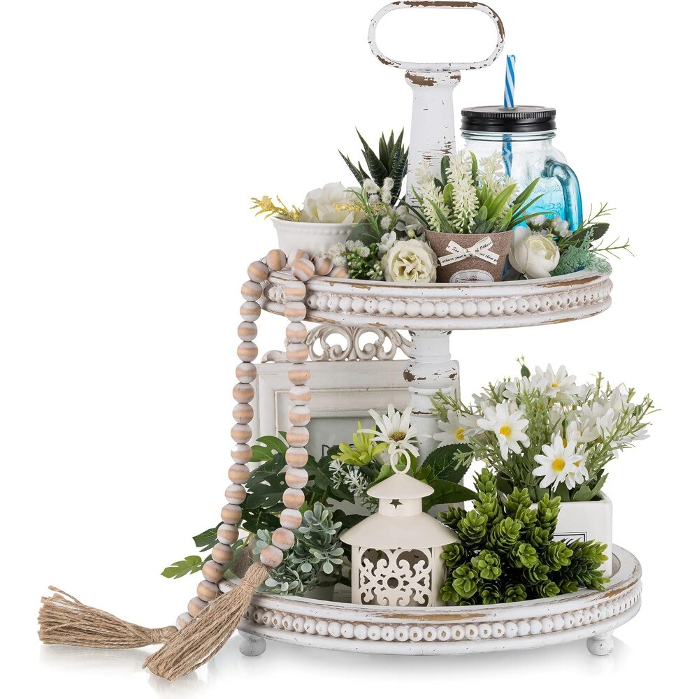 Two Tiered Tray Stand: Farmhouse 2 Tier Decorative Tray White Round