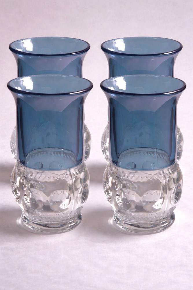 Vintage Tiffin Blue Flashed King’s Crown Thumbprint MCM Glass Tumblers Set Of 4