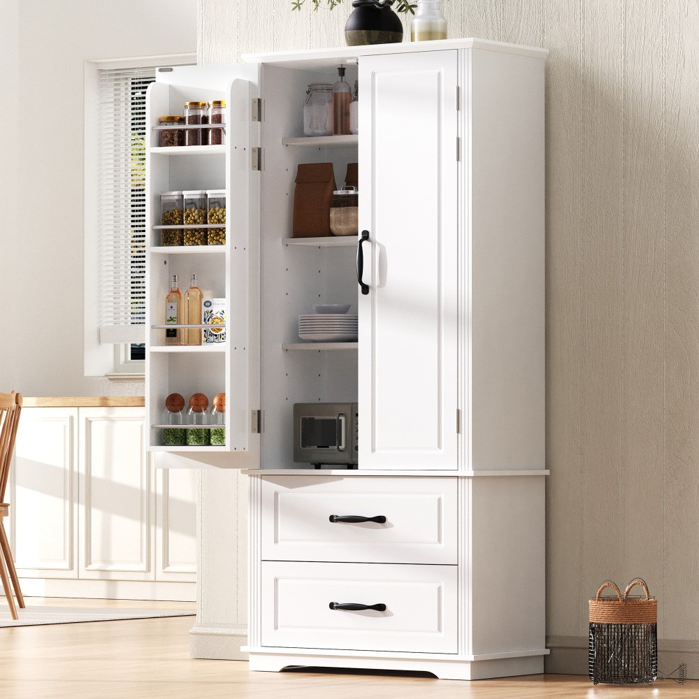 Kitchen Pantry Cabinet W 2 Large Drawers 8 Door Shelves 3 Cabinet Shelves