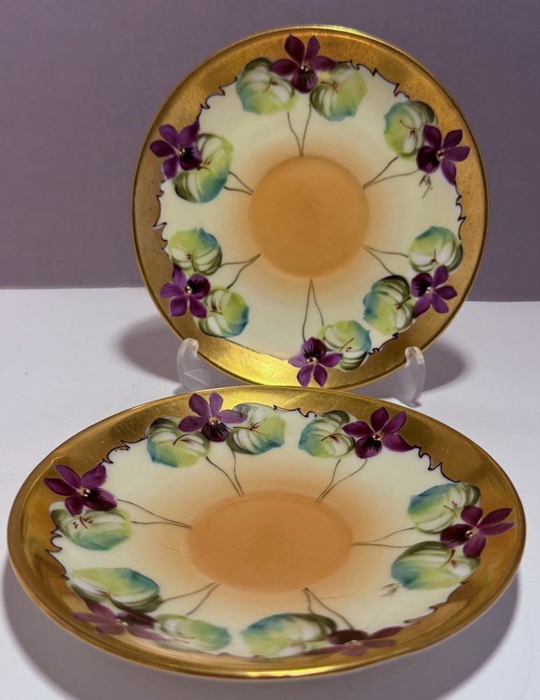 Pair Pickard Hand Painted China Plates Violet Floral Gold Gilt Bavaria Signed