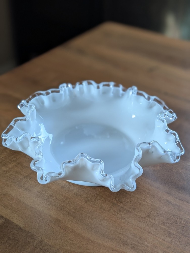 Vintage Fenton Milk Glass White Silver Crest Clear Ruffled Edge Bowl Candy Dish