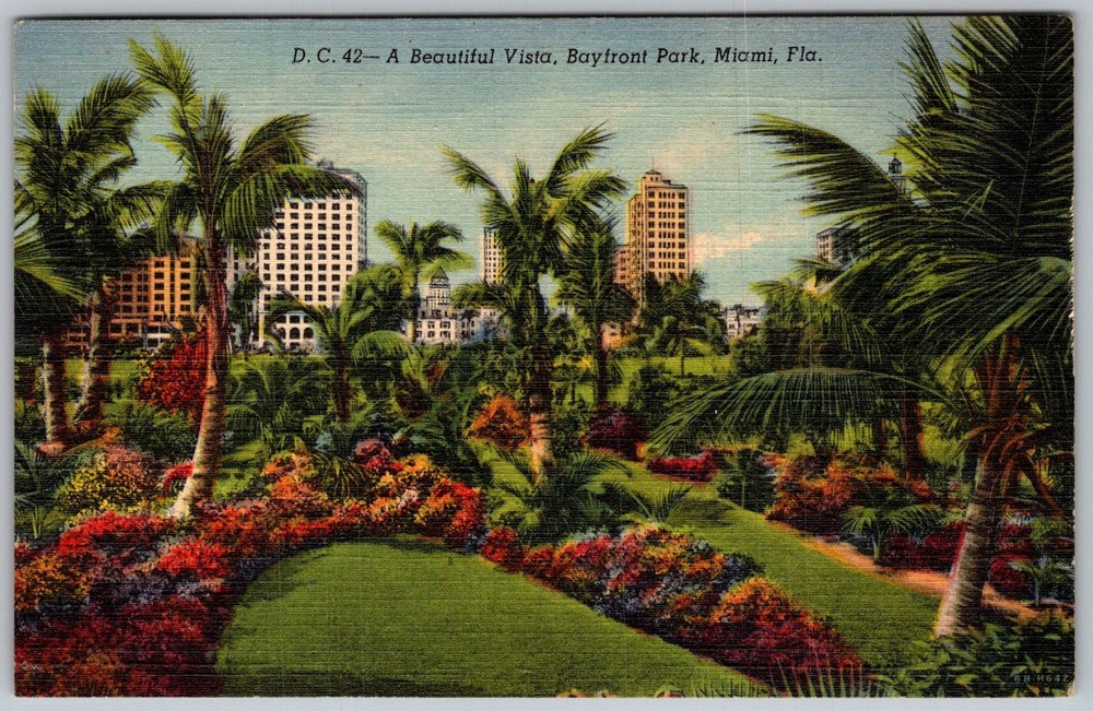 Vtg Linen Postcard Bayfront Park Vista Miami, FL 1940s
