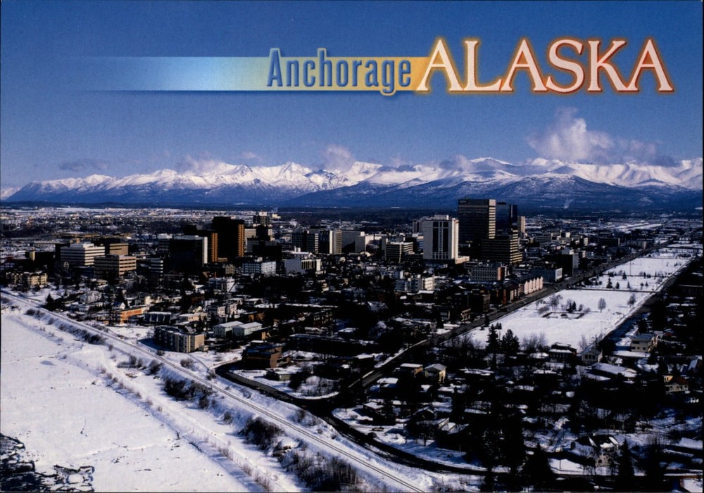 Alaska Anchorage snow aerial view ~ vintage postcard  sku841