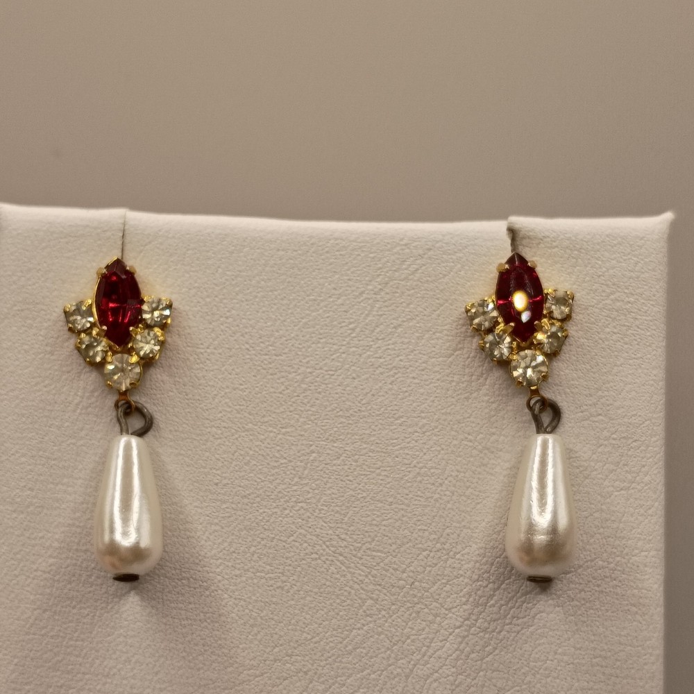 Vintage Red Crystal Rhinestone Faux Pearl Drop Earrings Gold Tone READ