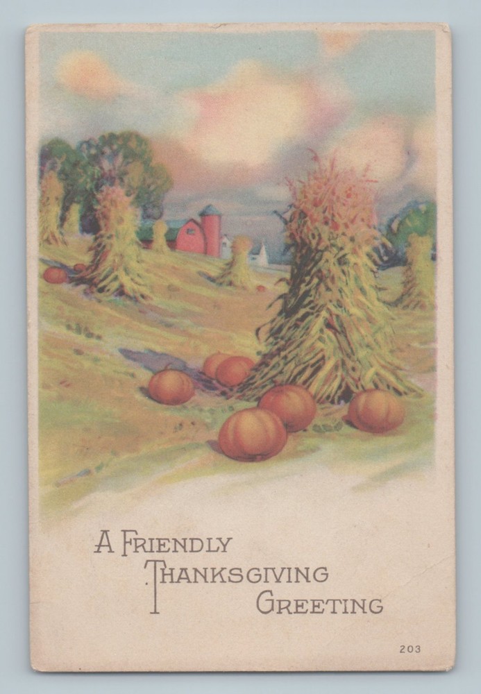 Friendly Thanksgiving Greeting Pumpkins Wheat Harvest Field Farm Postcard H1