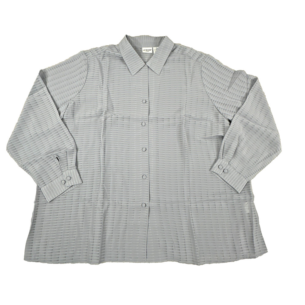 Liz Baker Women 26W Sheer Button Up Blouse Gray Stripe Long Sleeve Plus Size