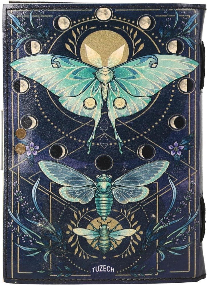 Leather Bound Grimoire with Deckle Edge Paper and Luna Moths Design for Spells & Journaling