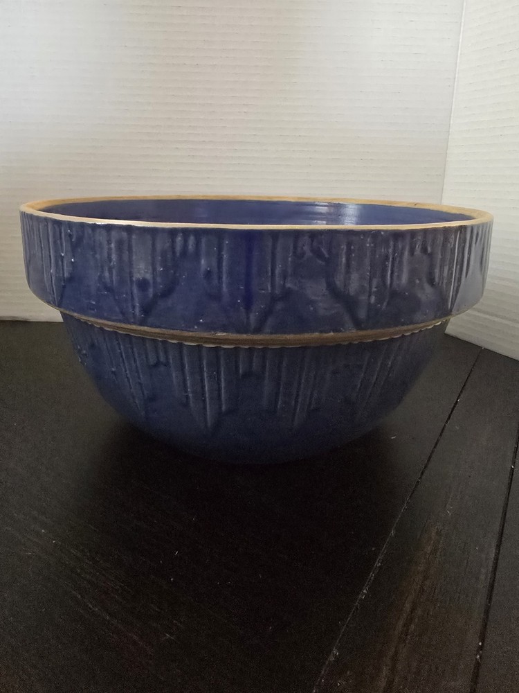 Vtg Antique 1910 A.D. Ruckles Pottery Blue Stoneware Picket Fence Mixing Bowl