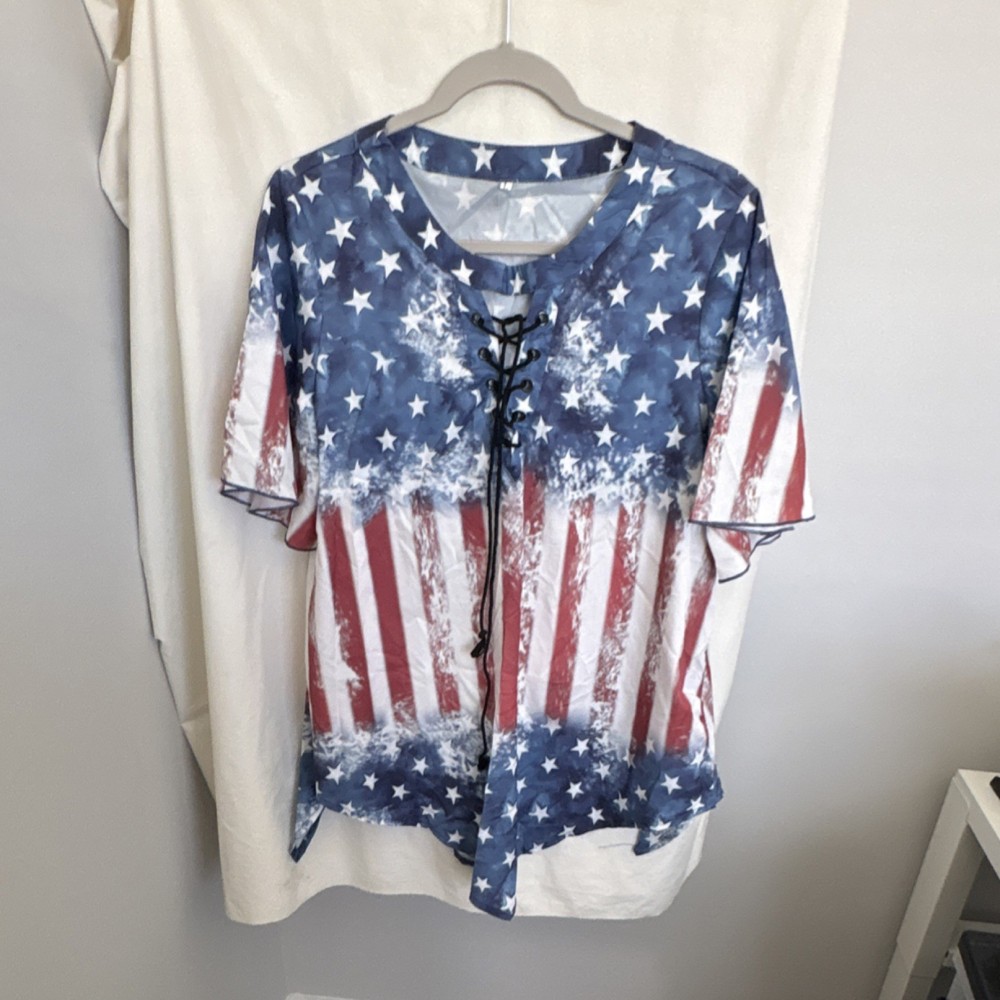 Women's Flag Print Lace-Up T-Shirt Short Sleeve Red White Blue Size L