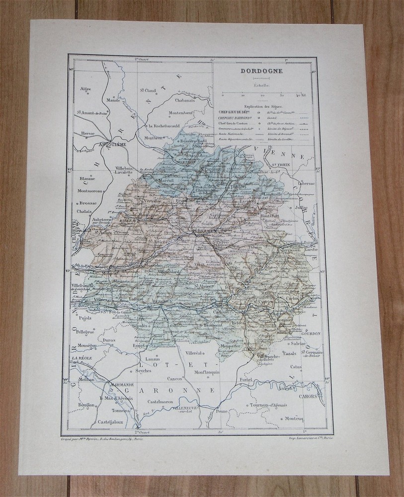 1887 Original Antique Map Of Department Of Dordogne Perigueux / France