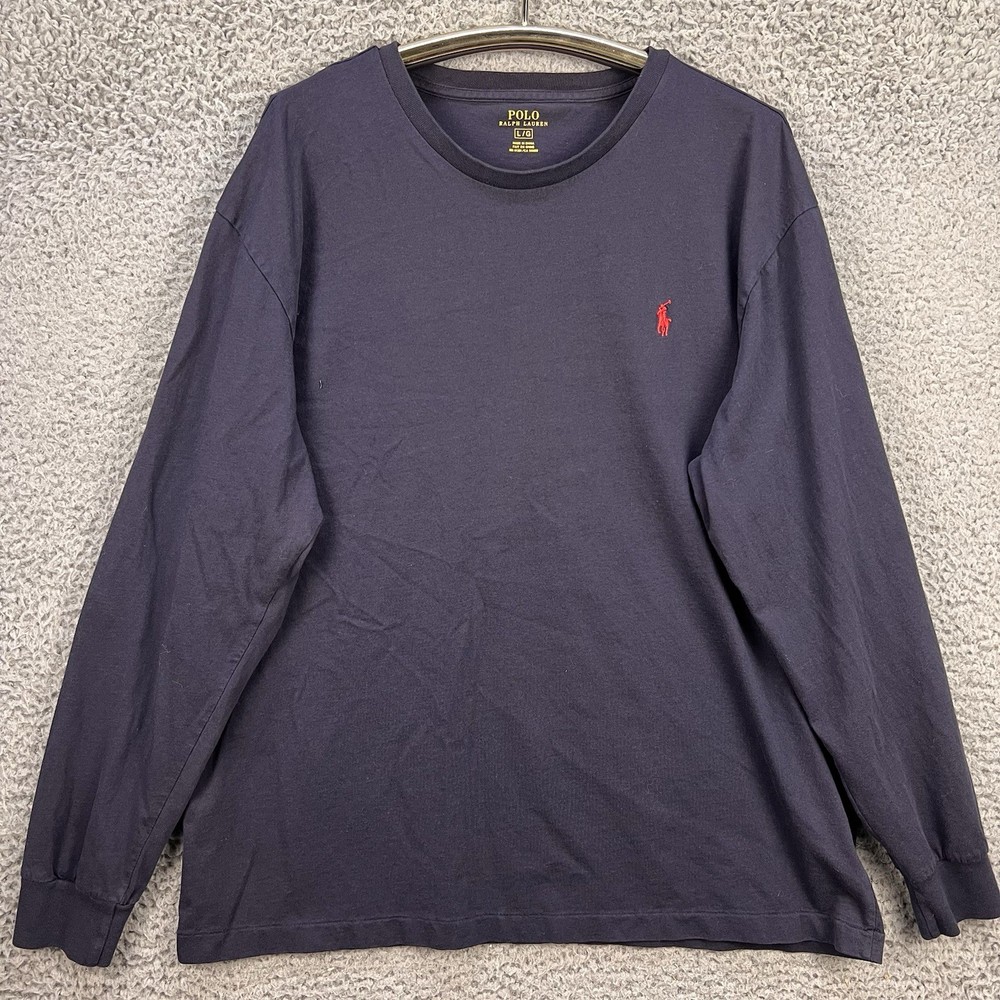 Polo Ralph Lauren T-shirt Large Crew Neck Long Sleeve Navy Blue Cotton Classic