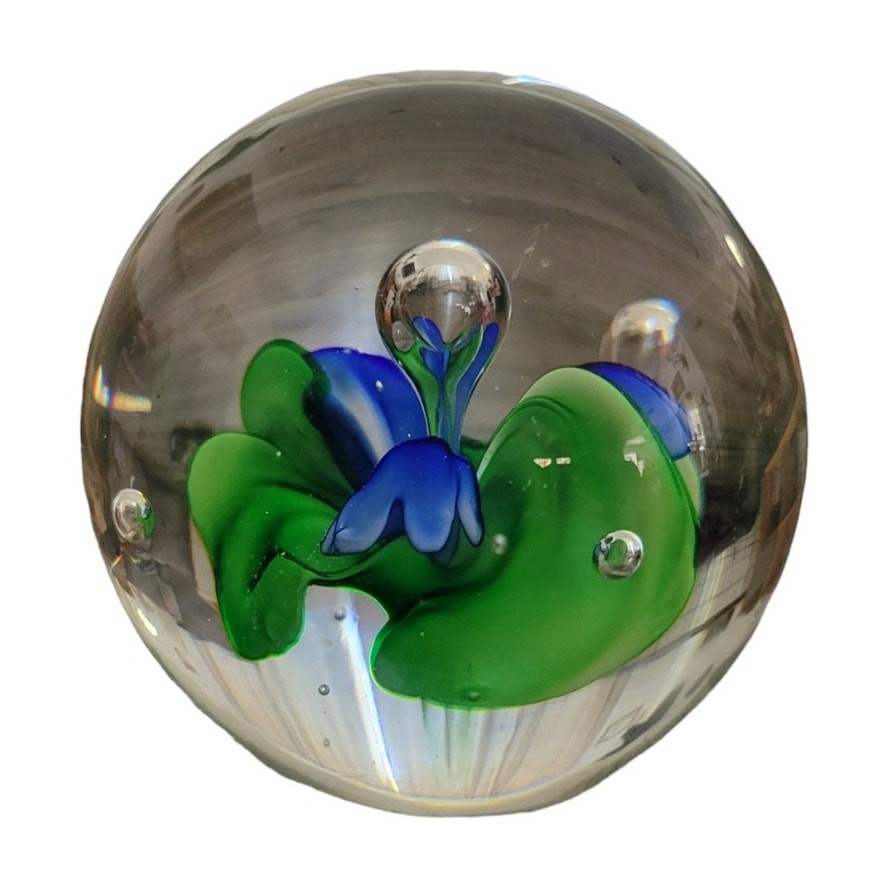 Vintage Hand-blown Flume Art Glass Paperweight Floral Flower Bubble