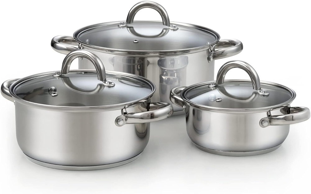 6-Piece Stainless Steel Cookware Set, Pots & Pans with Glass Lid Basic Pan Set..