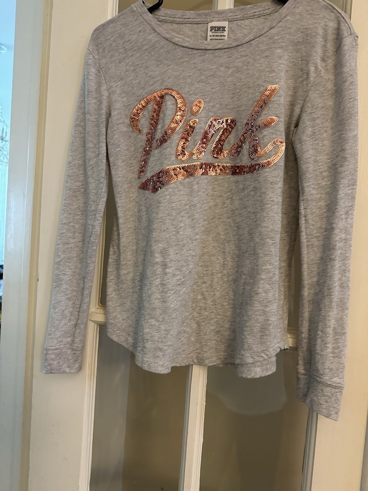 PINK Victoria's Secret Gray Sequin Logo Crew Neck Long Sleeve Tee XS